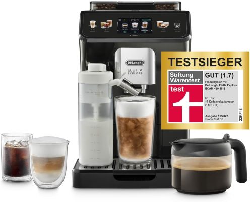 De'Longhi Eletta Explore ECAM452.57.G Kaffeevollautomat mit LatteCrema Milchsystem, heie und kalte Getrnke auf Knopfdruck, 3,5 Zoll TFT Touchscreen Farbdisplay, Kaffeekannen inklusive, schwarz