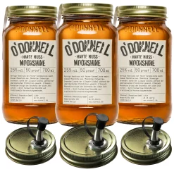 O'Donnell Moonshine Harte Nuss Haselnusslikör Set 3x 700ml Premium Likör (Made in Berlin) - unser beliebtester Rum Likör in Original Mason Jars + 3x Ausgießer - leckerer Whiskey & Karamell Geschmack