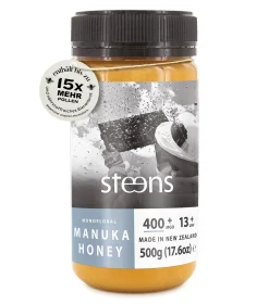 Steens Manuka Honey MGO 400 + - 500 g rein roher 100% zertifizierter UMF 13+ Manuka Honig - abgefüllt und versiegelt in Neuseeland - 500 g