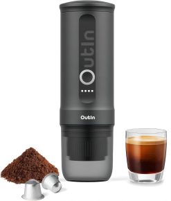 Outin Nano tragbare elektrische Espressomaschine, Camping-Kaffeemaschine, Selbsterhitzung mit USB-C, kompatibel mit gemahlenem Kaffee & NS-Kapsel