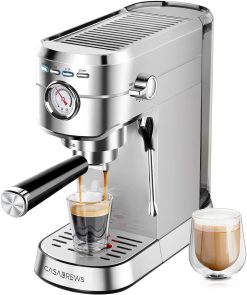 CASABREWS Espresso Siebtrgermaschine 20 Bar, Edelstahl-Espressomaschine mit professionellem Milchaufschumer, Klein Kaffeemaschine Espresso für Cappuccino, Latte & Macchiato, 1L Wassertank, silber