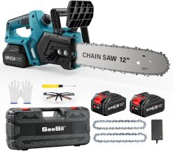SeeSii Akku Kettensge 12 Zoll, 10000mAh Elektro Kettensge, 1200W Bürstenloser Motor, Automatische Kettenschmierung, Werkzeuglose Kettenspannung, 30cm Schwertlnge, Ideal für Brennholz & Baum